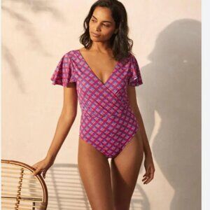 EUC Boden Pink and Blue Printed Flutter Sleeve One-Piece Swimsuit Size 12